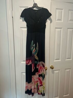 Desigual size 40 Black Floral Maxi Dress with sequins and embroidery